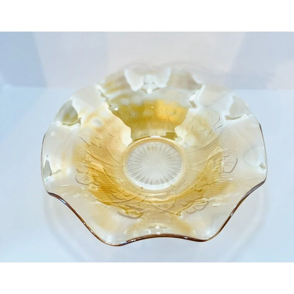 Jeannette Iris Herringbone Marigold Carnival Glass 11” Ruffled Fruit Bowl